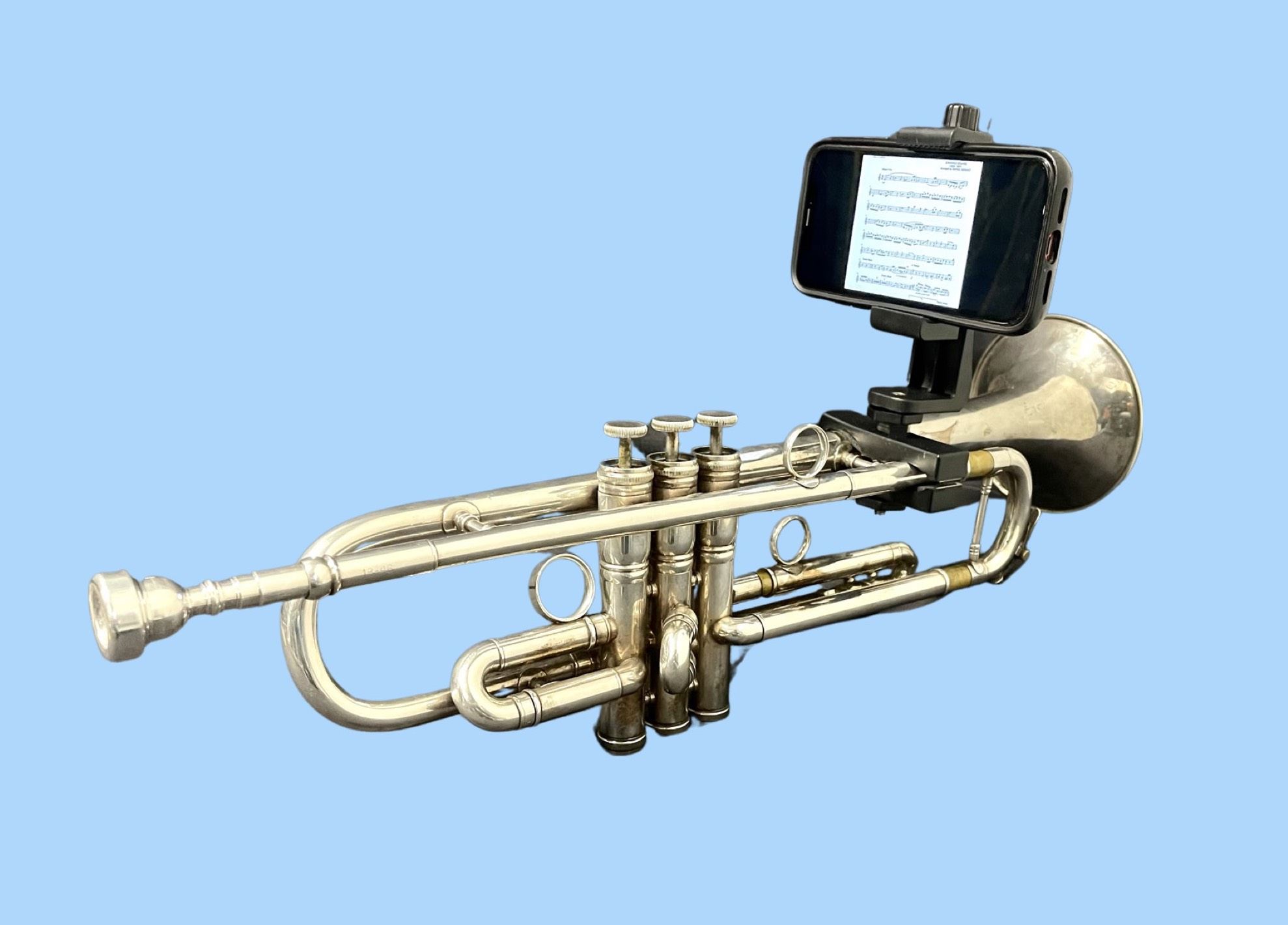 The GripOPhone mounted on a trumpet